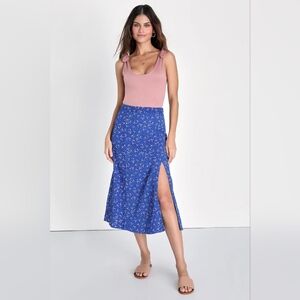 Lulus Flirtatious Aura Royal Blue Floral Print Midi Skirt